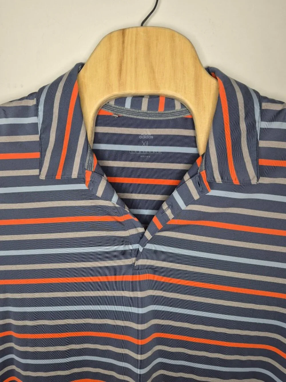Adidas Mens XL Short Sleeve Stretchy Striped Logo Polo Shirt Blue Gray Orange